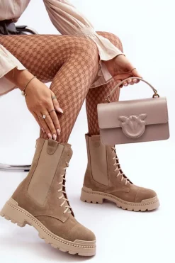 Clearance Boto Zamszowe Damskie Botki Workery Sznurowane Beżowe Nicole 2836 Beżowy