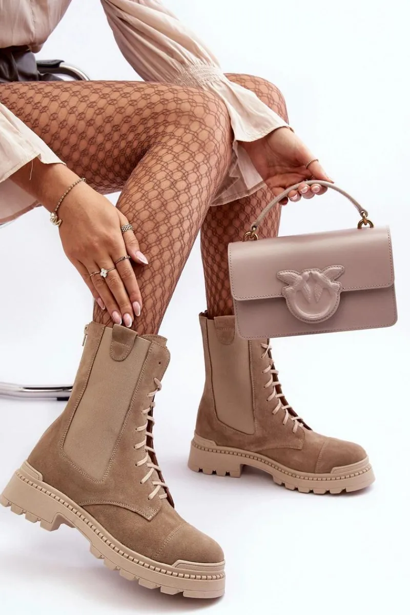 Clearance Boto Zamszowe Damskie Botki Workery Sznurowane Beżowe Nicole 2836 Beżowy