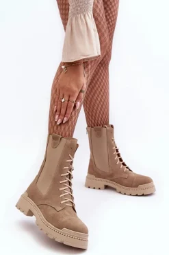Clearance Boto Zamszowe Damskie Botki Workery Sznurowane Beżowe Nicole 2836 Beżowy