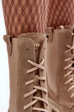 Clearance Boto Zamszowe Damskie Botki Workery Sznurowane Beżowe Nicole 2836 Beżowy