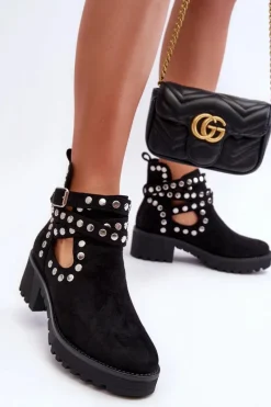 New Zamszowe Damskie Botki Z Ozdobnymi Ćwiekami Czarne Bella Damskie Botki Wiosenne|Czarne Botki