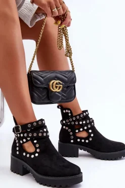 New Zamszowe Damskie Botki Z Ozdobnymi Ćwiekami Czarne Bella Damskie Botki Wiosenne|Czarne Botki