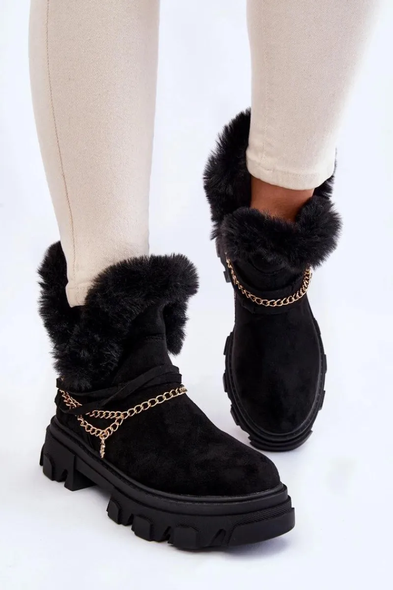 Best Boto Zamszowe Damskie Botki Z Ozdobnym Łańcuchem Czarne Respecto