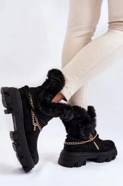 Best Boto Zamszowe Damskie Botki Z Ozdobnym Łańcuchem Czarne Respecto