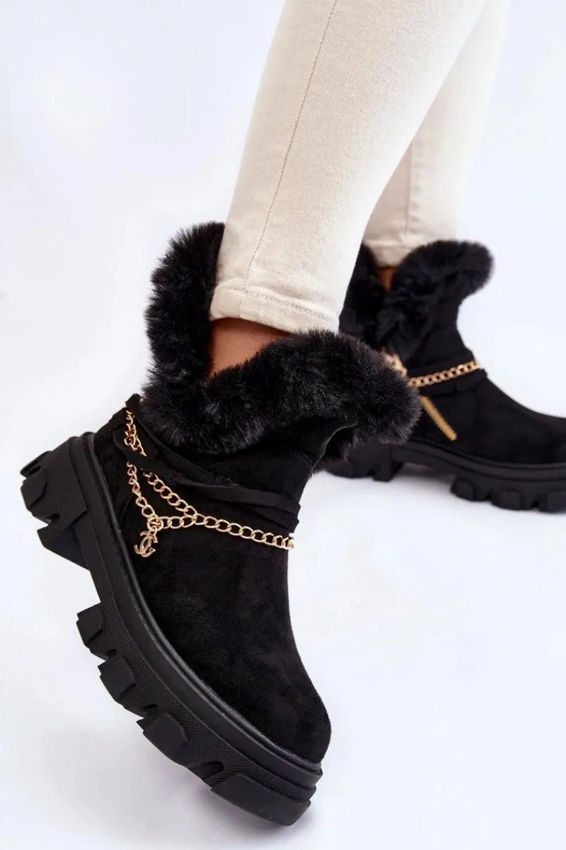 Best Boto Zamszowe Damskie Botki Z Ozdobnym Łańcuchem Czarne Respecto