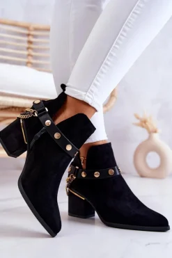 Clearance Zamszowe Damskie Botki Z Łańcuszkami Czarne Tracy Damskie Botki Wiosenne|Botki Na Słupku