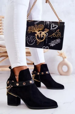 Clearance Zamszowe Damskie Botki Z Łańcuszkami Czarne Tracy Damskie Botki Wiosenne|Botki Na Słupku