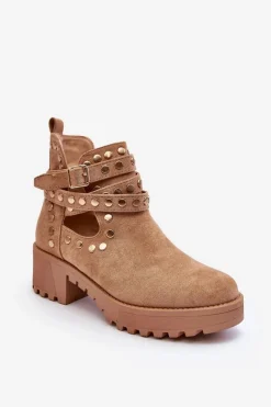 Botki Wiosenne|Brązowe I Beżowe Botki>Boto Zamszowe Damskie Botki Z Ozdobnymi Ćwiekami Beżowe Bella