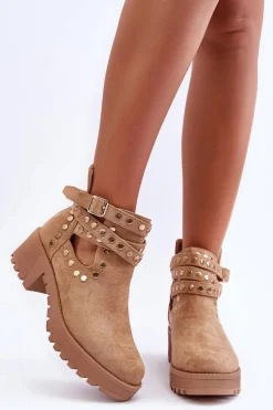 Botki Wiosenne|Brązowe I Beżowe Botki>Boto Zamszowe Damskie Botki Z Ozdobnymi Ćwiekami Beżowe Bella