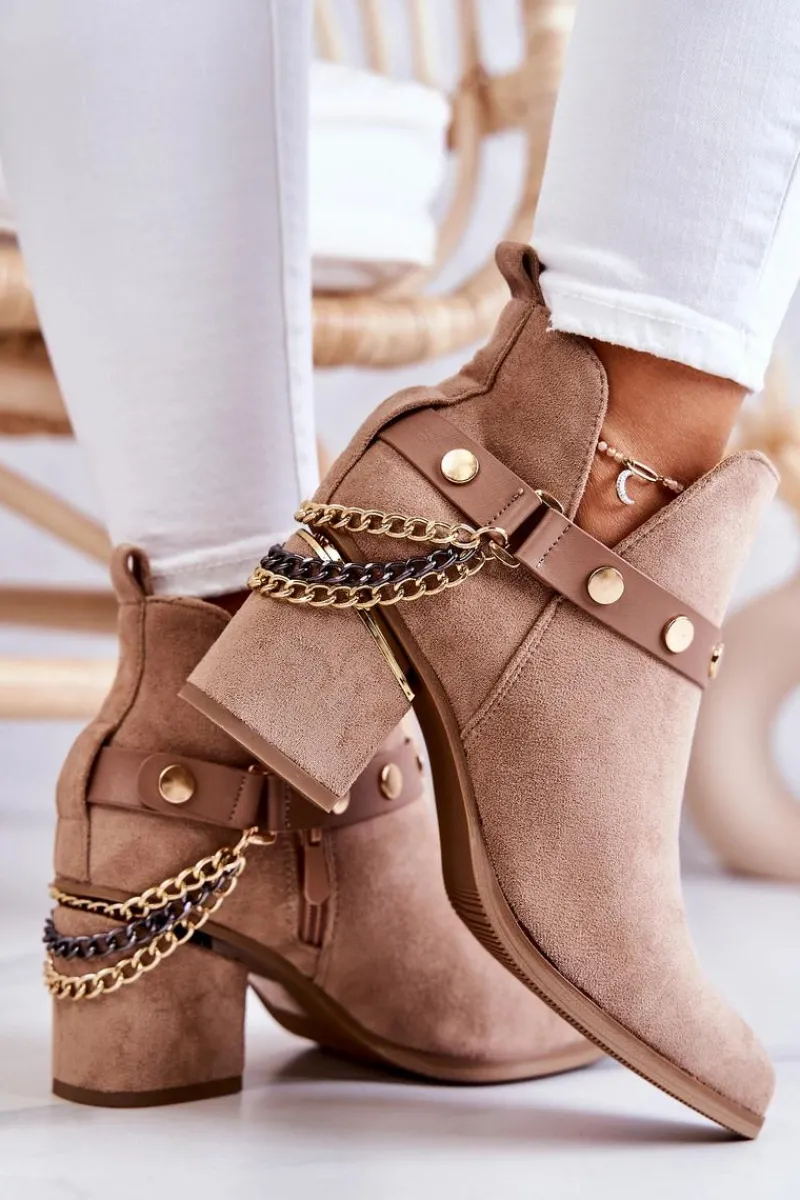 Online Boto Zamszowe Damskie Botki Z Łańcuszkami Ciemnobeżowe Tracy