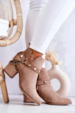 Online Boto Zamszowe Damskie Botki Z Łańcuszkami Ciemnobeżowe Tracy