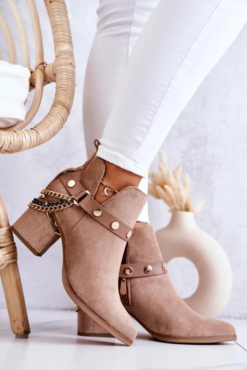 Online Boto Zamszowe Damskie Botki Z Łańcuszkami Ciemnobeżowe Tracy