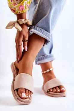 Klapki Damskie Klasyczne>Boto Zamszowe Damskie Klapki Beżowe Sunset