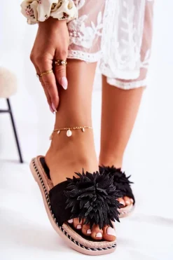 Hot Boto Zamszowe Damskie Klapki Z Ozdobą Czarne Giorgia