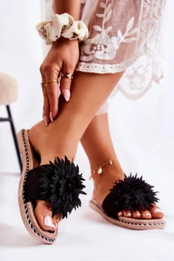 Hot Boto Zamszowe Damskie Klapki Z Ozdobą Czarne Giorgia