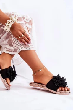 Hot Boto Zamszowe Damskie Klapki Z Ozdobą Czarne Giorgia