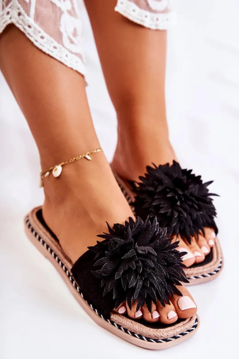 Hot Boto Zamszowe Damskie Klapki Z Ozdobą Czarne Giorgia