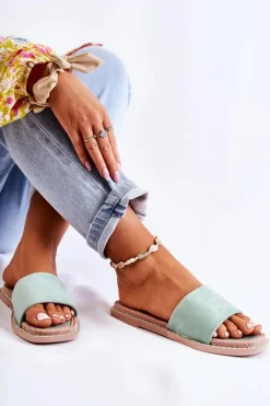 Klapki Damskie Klasyczne>Boto Zamszowe Damskie Klapki Zielone Sunset