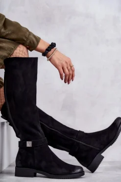 Hot Buty damskie Vinceza Zamszowe Damskie Kozaki Na Płaskim Obcasie Czarne Henrike