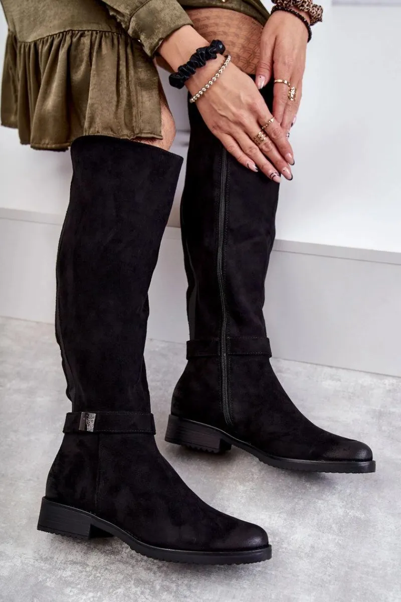 Hot Buty damskie Vinceza Zamszowe Damskie Kozaki Na Płaskim Obcasie Czarne Henrike