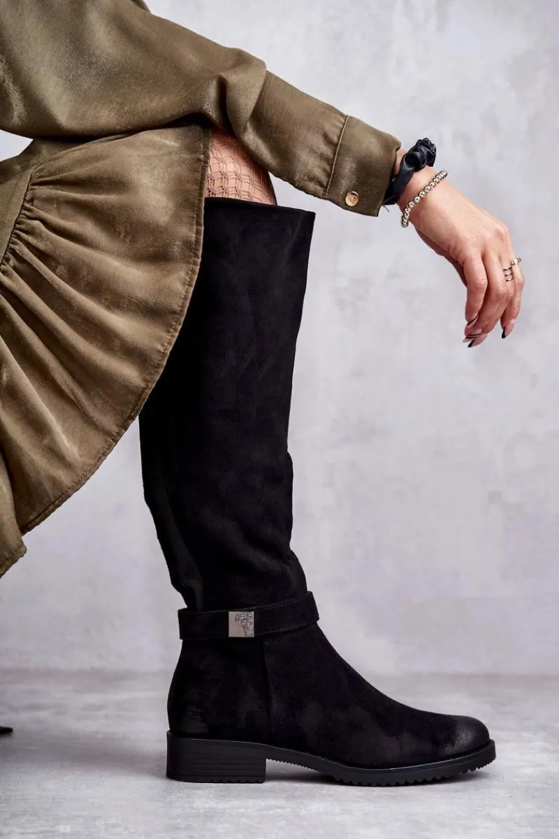 Hot Buty damskie Vinceza Zamszowe Damskie Kozaki Na Płaskim Obcasie Czarne Henrike