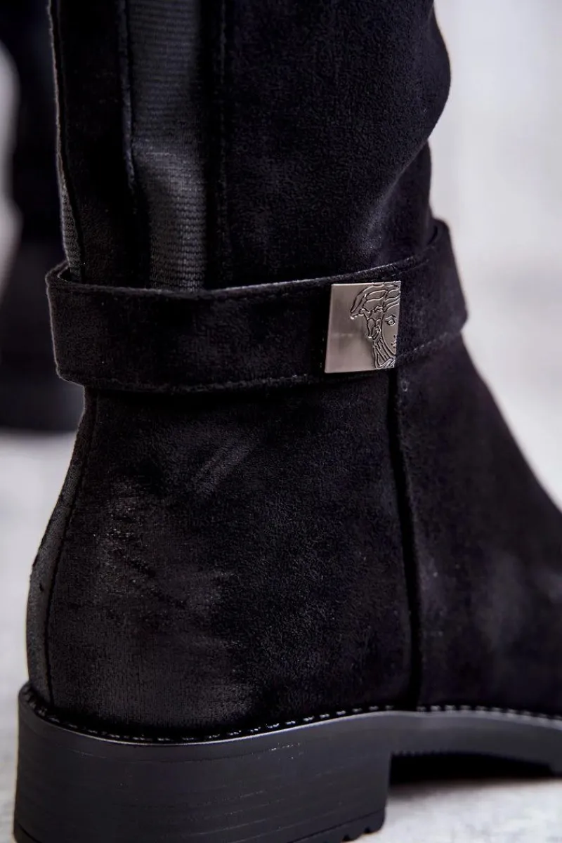 Hot Buty damskie Vinceza Zamszowe Damskie Kozaki Na Płaskim Obcasie Czarne Henrike