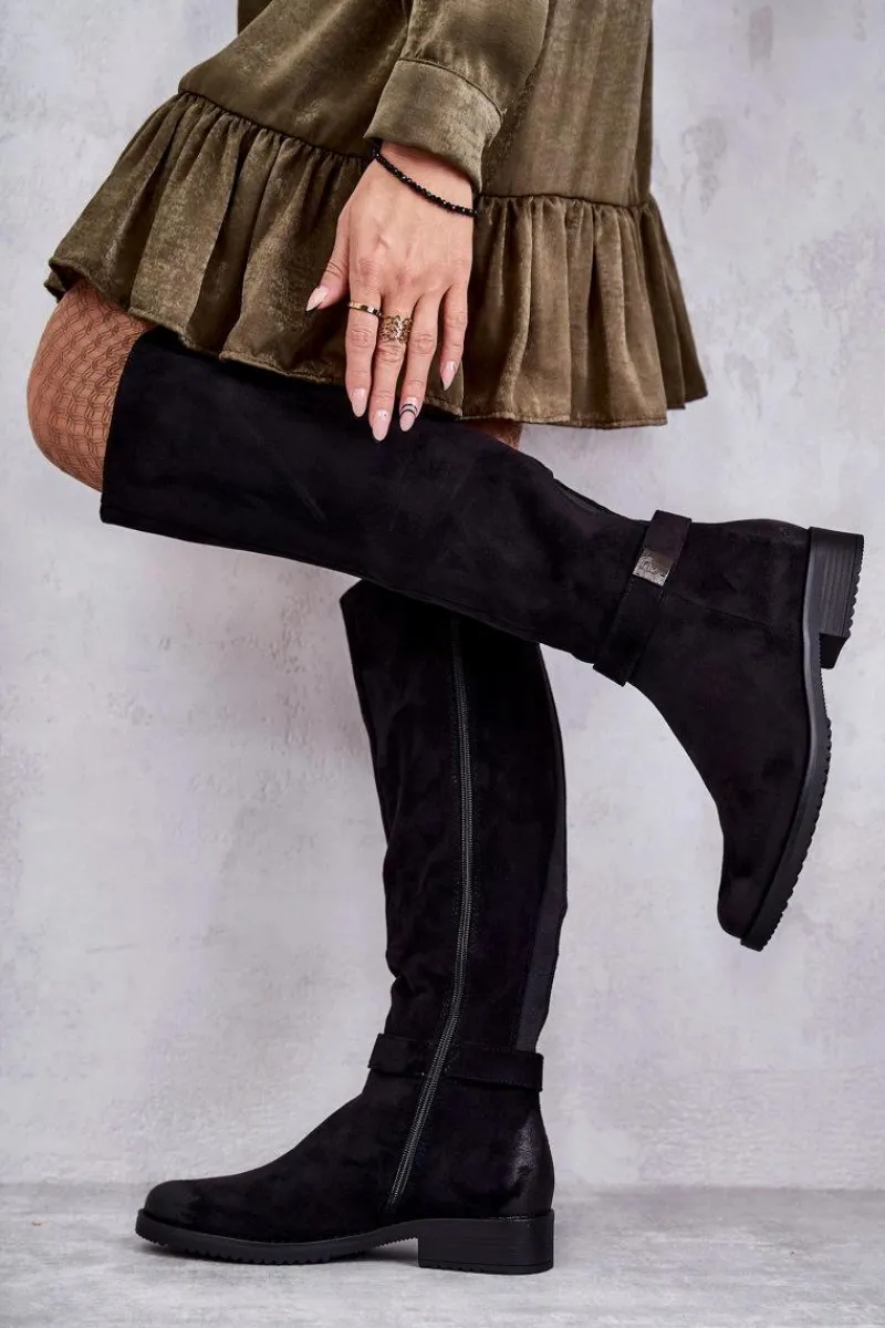 Hot Buty damskie Vinceza Zamszowe Damskie Kozaki Na Płaskim Obcasie Czarne Henrike