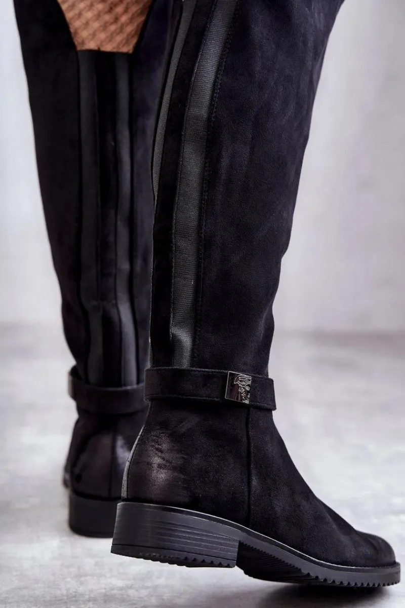 Hot Buty damskie Vinceza Zamszowe Damskie Kozaki Na Płaskim Obcasie Czarne Henrike