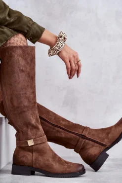 Clearance Zamszowe Damskie Kozaki Na Płaskim Obcasie Brązowe Henrike Damskie Kozaki Przed Kolano|Kozaki Zamszowe