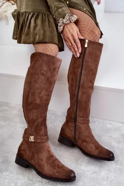 Clearance Zamszowe Damskie Kozaki Na Płaskim Obcasie Brązowe Henrike Damskie Kozaki Przed Kolano|Kozaki Zamszowe