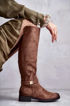 Clearance Zamszowe Damskie Kozaki Na Płaskim Obcasie Brązowe Henrike Damskie Kozaki Przed Kolano|Kozaki Zamszowe