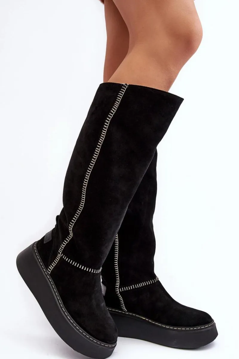 Kozaki Na Koturnie|Kozaki Przed Kolano>Maciejka Zamszowe Damskie Kozaki Na Masywnej Platformie 06312-01 Czarne
