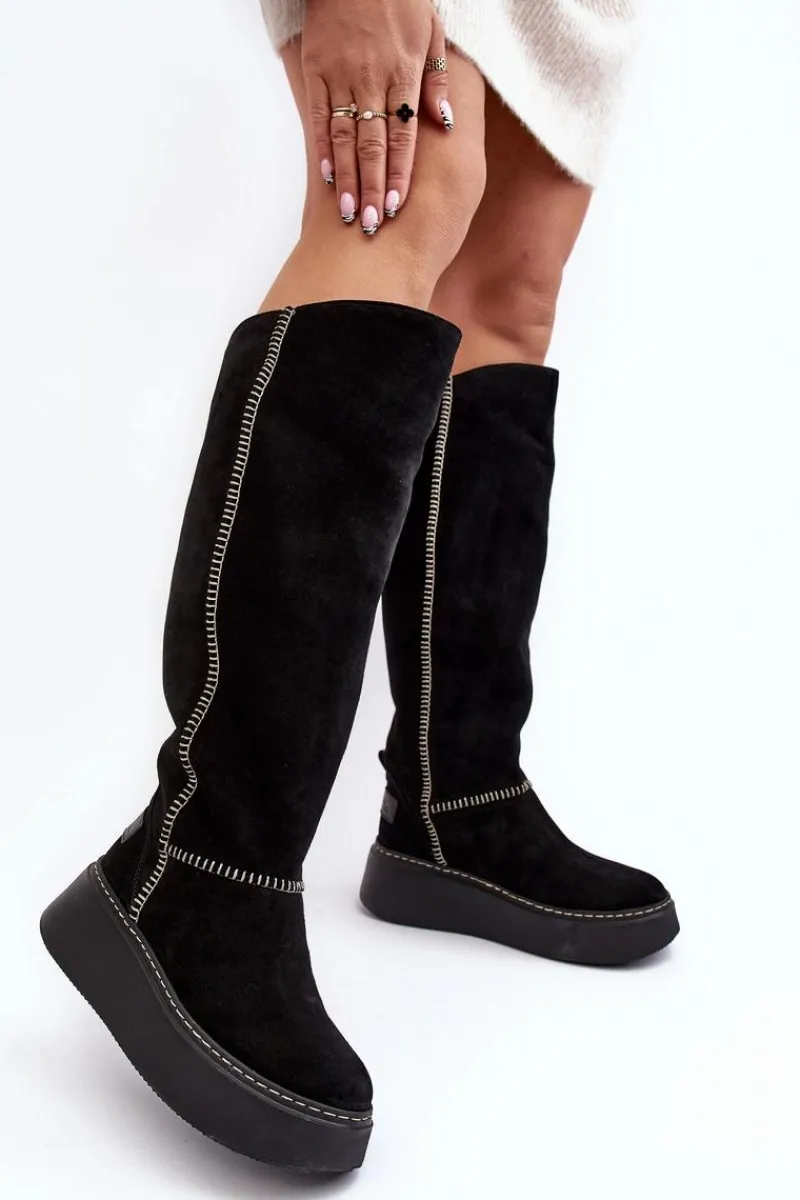 Kozaki Na Koturnie|Kozaki Przed Kolano>Maciejka Zamszowe Damskie Kozaki Na Masywnej Platformie 06312-01 Czarne