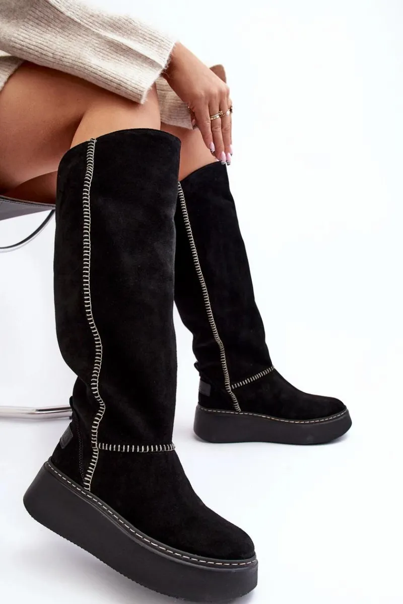 Kozaki Na Koturnie|Kozaki Przed Kolano>Maciejka Zamszowe Damskie Kozaki Na Masywnej Platformie 06312-01 Czarne