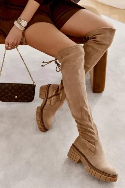 Online Boto Zamszowe Damskie Kozaki Za Kolano Beżowe Cheera