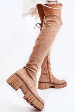 Online Boto Zamszowe Damskie Kozaki Za Kolano Beżowe Cheera