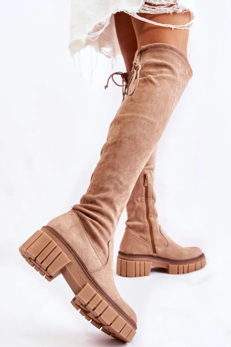 Online Boto Zamszowe Damskie Kozaki Za Kolano Beżowe Cheera