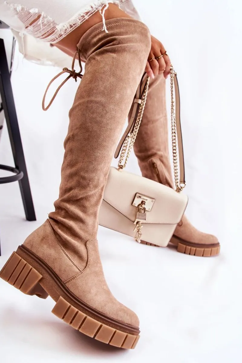 Online Boto Zamszowe Damskie Kozaki Za Kolano Beżowe Cheera