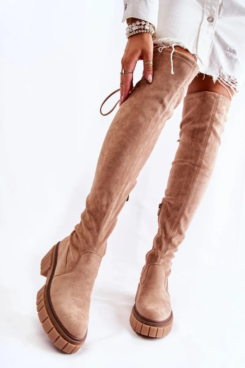 Online Boto Zamszowe Damskie Kozaki Za Kolano Beżowe Cheera