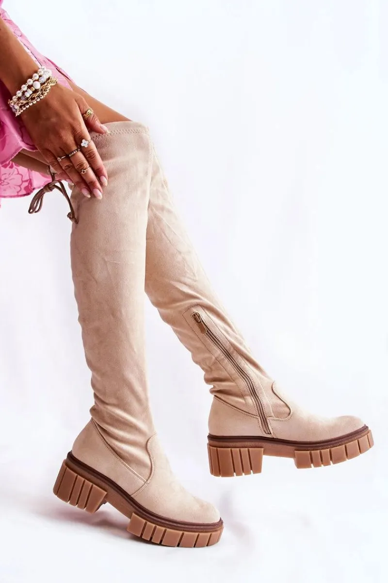 Muszkieterki|Kozaki Wiosenne>Boto Zamszowe Damskie Kozaki Za Kolano Jasnobeżowe Cheera Beżowy