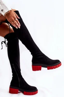Best Zamszowe Damskie Kozaki Za Kolano Czarno-Czerwone Cheera Damskie Muszkieterki|Kozaki Wiosenne