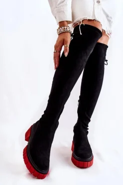 Best Zamszowe Damskie Kozaki Za Kolano Czarno-Czerwone Cheera Damskie Muszkieterki|Kozaki Wiosenne