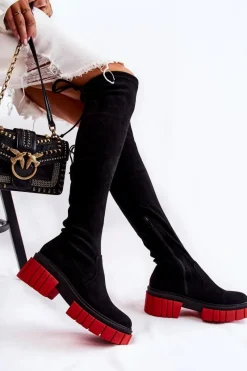 Best Zamszowe Damskie Kozaki Za Kolano Czarno-Czerwone Cheera Damskie Muszkieterki|Kozaki Wiosenne