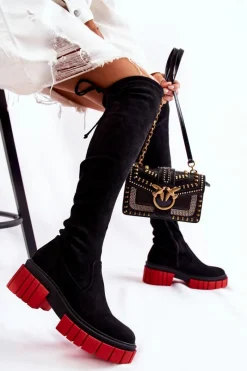 Best Zamszowe Damskie Kozaki Za Kolano Czarno-Czerwone Cheera Damskie Muszkieterki|Kozaki Wiosenne