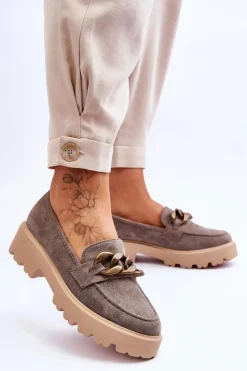 Best Zamszowe Damskie Mokasyny S.Barski HX52-222 Szare Damskie Mokasyny Damskie Zamszowe