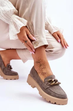 Best Zamszowe Damskie Mokasyny S.Barski HX52-222 Szare Damskie Mokasyny Damskie Zamszowe