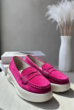 Hot Zamszowe Damskie Mokasyny Fuksja Filidia Damskie Loafersy Damskie|Mokasyny Na Platformie
