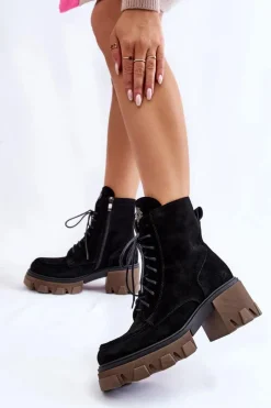 Clearance Zamszowe Damskie Ocieplane Botki Trapery Czarne Lemar Rehin Damskie Damskie Trapery|Botki Sznurowane