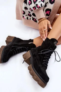 Clearance Zamszowe Damskie Ocieplane Botki Trapery Czarne Lemar Rehin Damskie Damskie Trapery|Botki Sznurowane