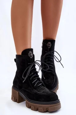 Clearance Zamszowe Damskie Ocieplane Botki Trapery Czarne Lemar Rehin Damskie Damskie Trapery|Botki Sznurowane